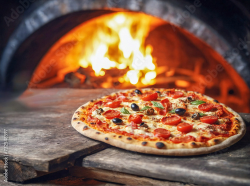pizza on a wooden table with wood oven in the background