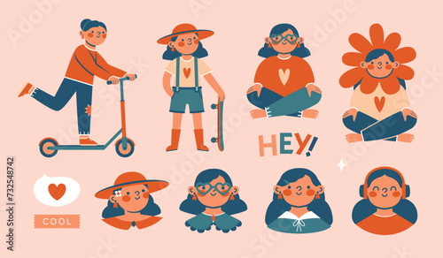 Cute teenage girls, kids, with scooter, skateboard in different poses. Set of various girl's portrait, standing, sitting persons. Clip arts with cartoon children. World Children's Day. Girl power.
