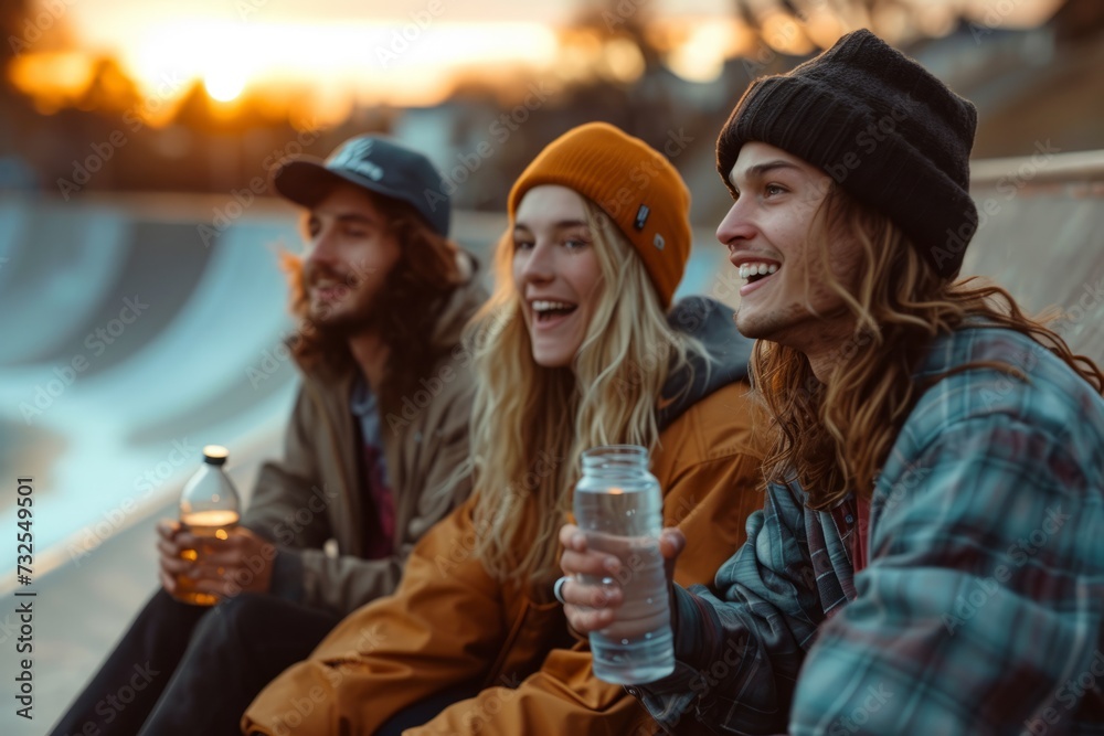 Young people at sunset resting and drinking water sitting on a skateboarding rink Young people at sunset resting and drinking water sitting on a skateboarding rink