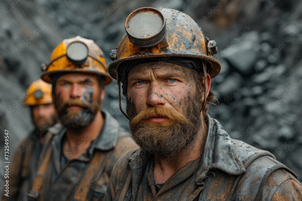 Close-up of miners after working in the mine, with their helmets on. Tired, serious. Concept of hard work