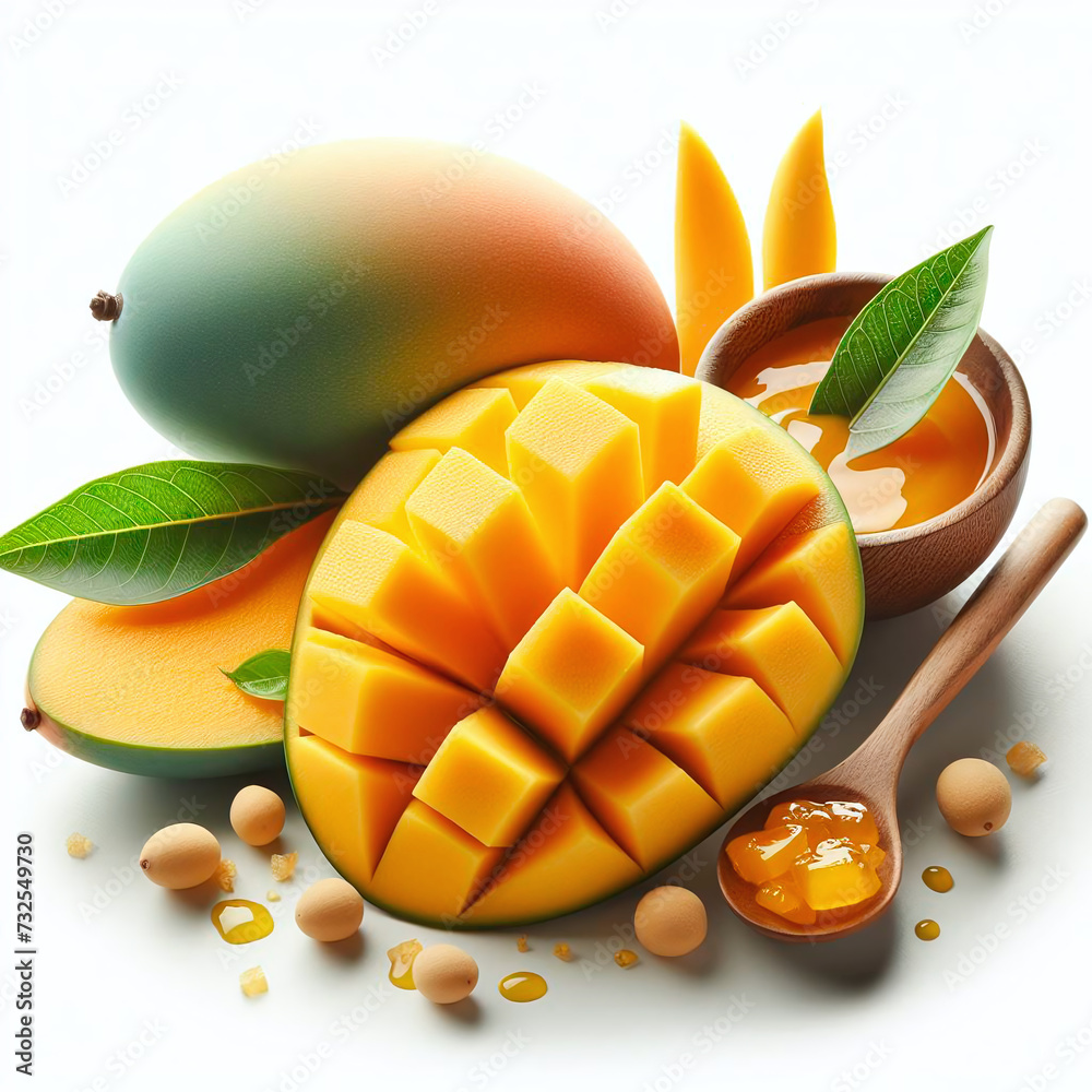 Mango fruit with mango sauce on white background. 3d illustration