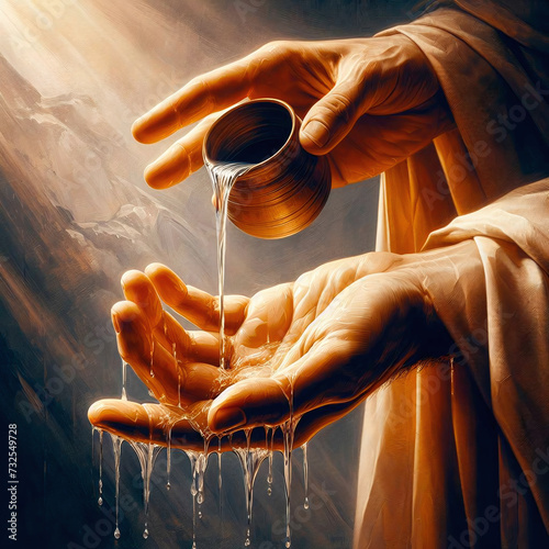 Hands of Jesus pouring water from the jesus christ statue.