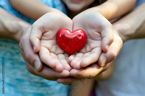 Concept of family health insurance, world heart day, world health day and foster home. Family hands holding red heart photo