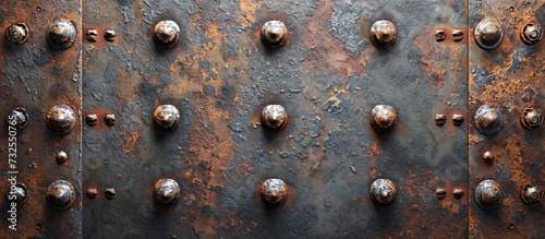 A detailed view of a corroded metal surface featuring rivets, showcasing the intriguing combination of rust, metal, and industrial craftsmanship.