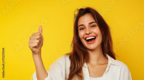 mulher fazendo sinal de jóia e sorrindo isolada no fundo amarelo  photo