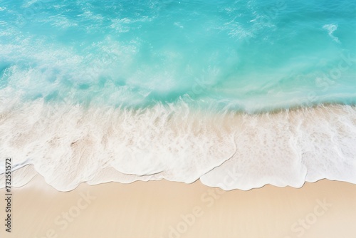 An abstract sand beach is showcased with its glistening light blue waters and sunlit shores—a perfect summer vacation background concept banner, copy space. Created with generative AI tools