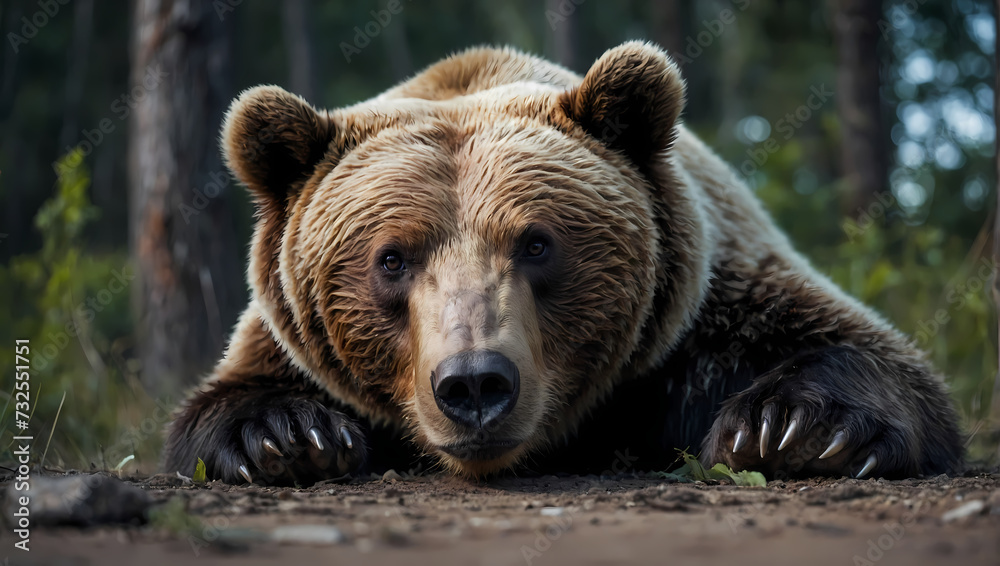 A close-up of a bear lounging on the ground with its front paws down, making eye contact with the camera.