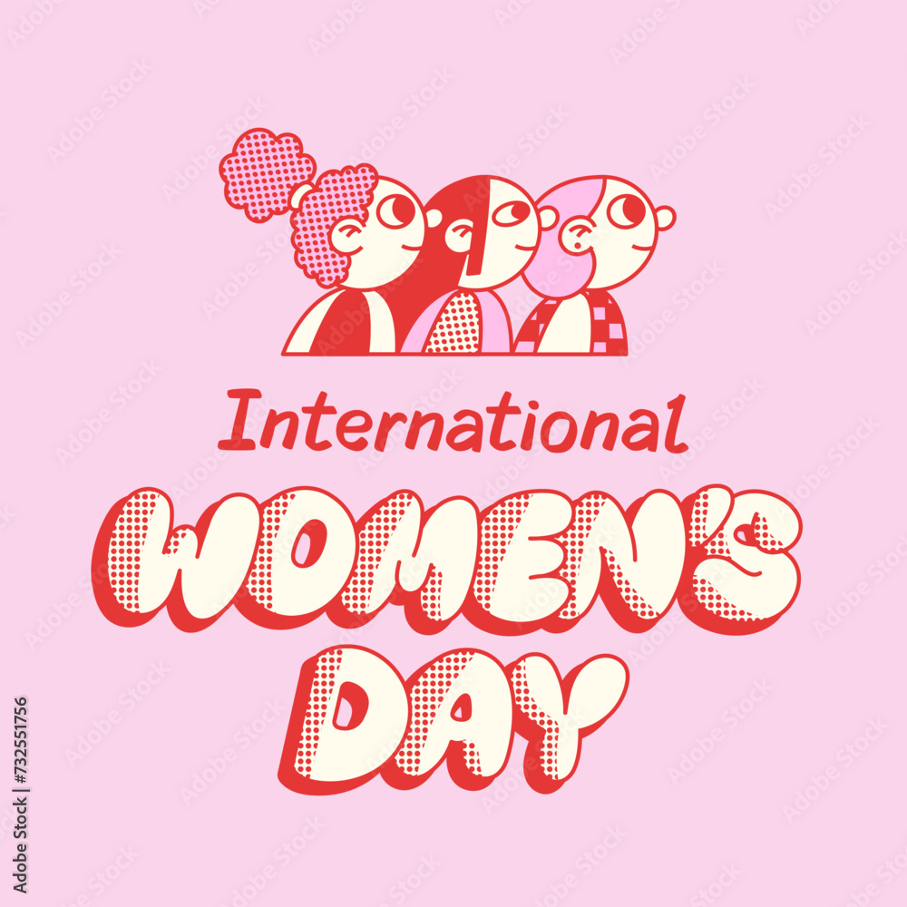 International Women's Day graffiti & girls art. Red & pink.