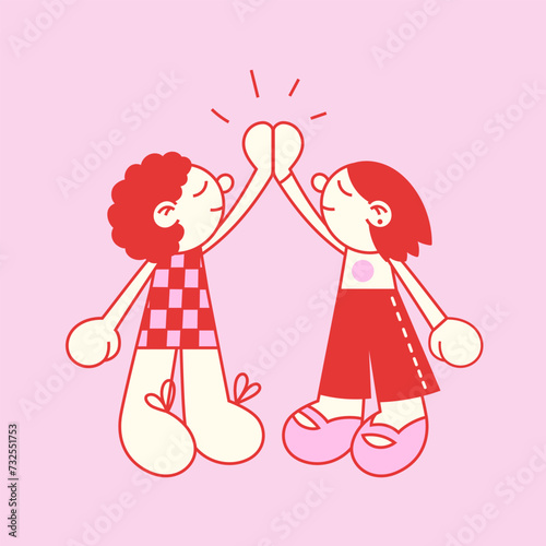 Cartoon girls give high five vector illustration. Red and pink.