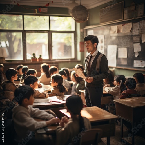 teacher reading a book to young children in a classroom filled with light and flying leaves. Concept  the joys of learning and volunteer education of children in school or kindergarten