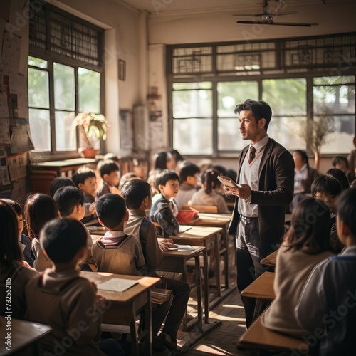 teacher reading a book to young children in a classroom filled with light and flying leaves. Concept  the joys of learning and volunteer education of children in school or kindergarten