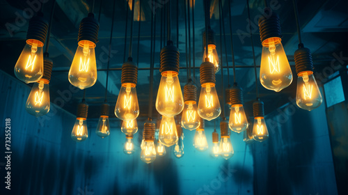 Illuminated bulbs cascade in vibrant teal and blue hues, evoking innovation and realism photo