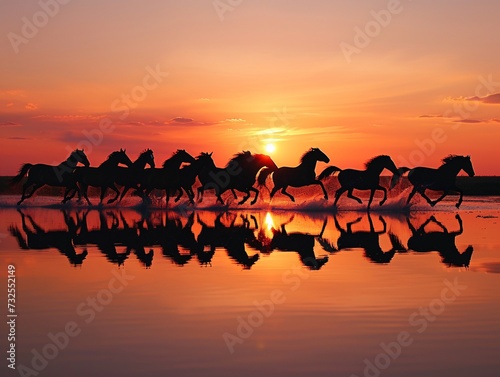 a group of horses running on water