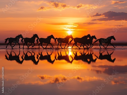 a group of horses running on a beach