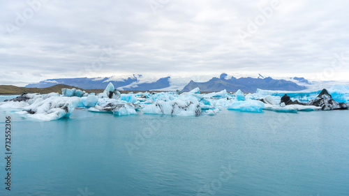 Iceland. Ice as a background. Vatnajokull National Park. Panoramic view of the ice lagoon. Winter landscapes in Iceland. Natural background. Jökulsárlón lake in Iceland