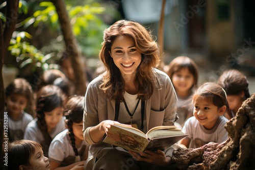 teacher reading a book to young children in a classroom filled with light and flying leaves. Concept: the joys of learning and volunteer education of children in school or kindergarten photo