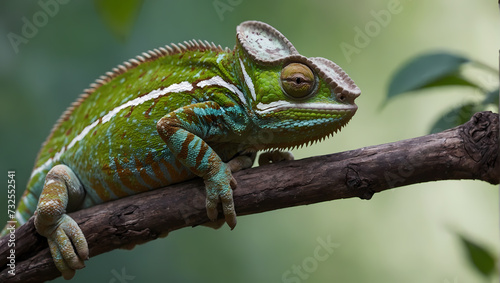 A close-up of a chameleon perched on a leaf with its front limbs extended, observing the camera.