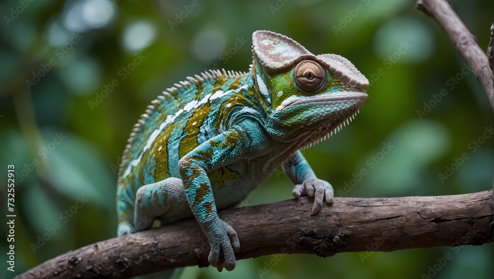 A close-up of a chameleon perched on a leaf with its front limbs extended, observing the camera. A close-up of a chameleon perched on a leaf with its front limbs extended, observing the camera.