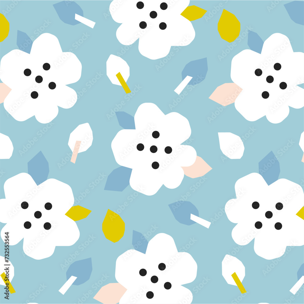 Seamless childish pattern with cute flowers and leaves