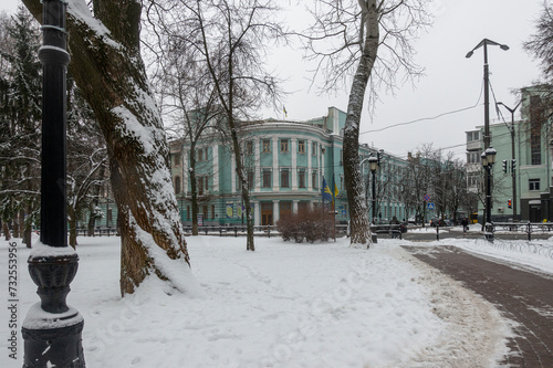 View of the House of Officers in Kyiv in winter from Mariinsky Park