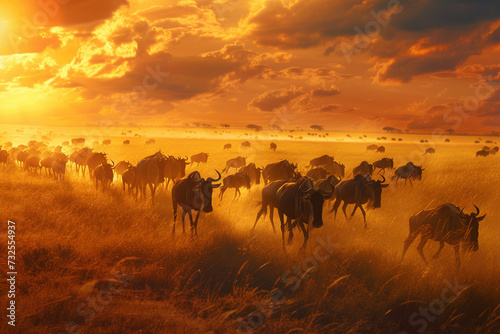 Animal migration or migratory wildebeest herds. African savannah  common wildebeest or brindled gnu  antelopes  gnus or wildebai