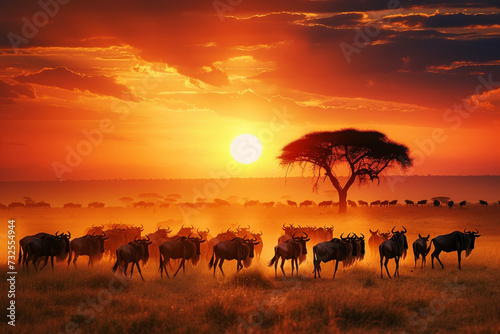 Animal migration or migratory wildebeest herds. African savannah  common wildebeest or brindled gnu  antelopes  gnus or wildebai