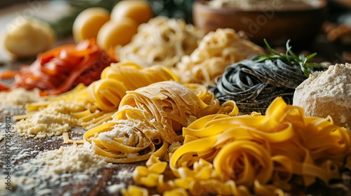 Types of pasta, with a variety of shapes and textures, a plain background. Concept: preparations for Italian cuisine