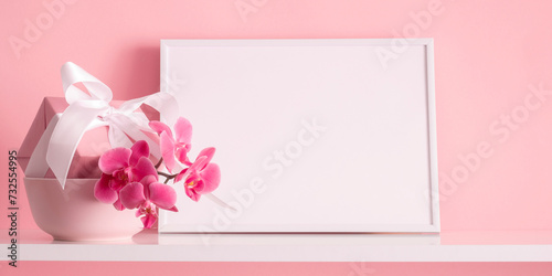 Pink orchid, gift, photo frame on white shelf and on background of  pink wall. Greeting card for Mother's Day, Easter, Happy Woman's Day, Wedding, Birthday, Valentine's Day © prime1001