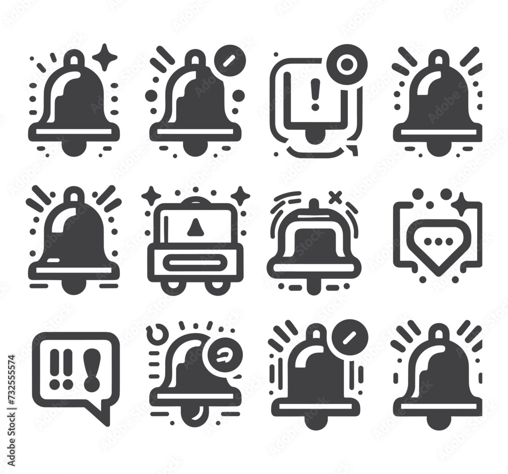 Notification bell icon set. Notice message. Alarm symbol.Incoming inbox message. New message notifications icons. Notification bell icon set. Notice message. Alarm symbol.Incoming inbox message. New message notifications icons.
