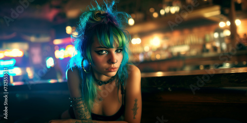 wide portrait of a beautiful young Crazy blue pink piurple green colored hair alternative girl egirl with piercings smiling enjoy the music at a night club