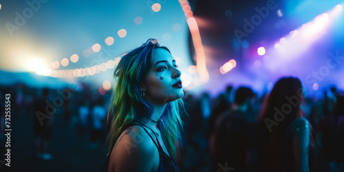 close portrait of a beautiful young Crazy blue pink piurple green colored hair alternative girl egirl with piercings smiling enjoy a music festival 