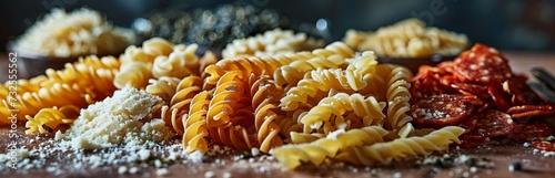 Pasta with ingredients for preparing an Italian dish. Concept  food made from durum flour  high-quality raw materials for cooking