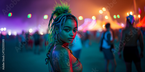 close portrait of a beautiful black young Crazy blue pink piurple green colored rasta hair alternative girl egirl with piercings smiling enjoy a music festival 