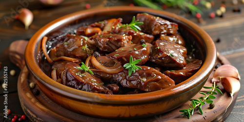 Baked onion and liver traditional east europien food photo