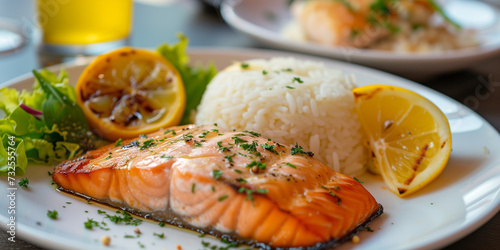 Baked salmon with rice and salad at an elegant restaurant