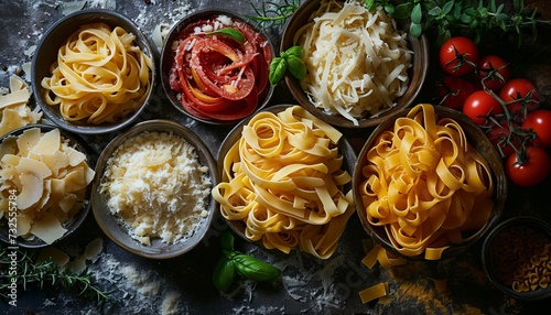  fettuccine pasta sprinkled with grated parmesan cheese among the ingredients of Mediterranean cuisine on a wooden table, Concept: appetizing and picturesque dish for cookbooks, restaurant menus