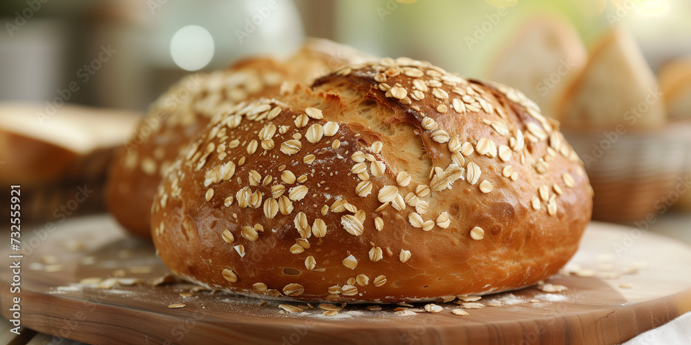 Fresh baked bread with rolle oat on the top with some on wood plate