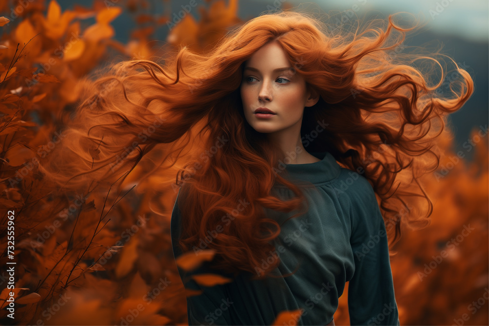 Vivid autumn scene: a red-haired woman walks amidst dark orange and light indigo hues, evoking mage wave aesthetics. Vivid autumn scene: a red-haired woman walks amidst dark orange and light indigo hues, evoking mage wave aesthetics.