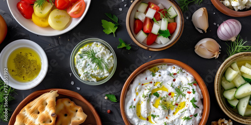 tzatziki salad, tomatoes, in bowls from above with seasoning and cucumber at greece with tomato and lemon and garlic