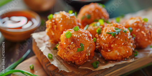 close cheenese food sweet and sour chicken bites in an elegant expensive asian restaurant, with sause crispy chicken balls photo
