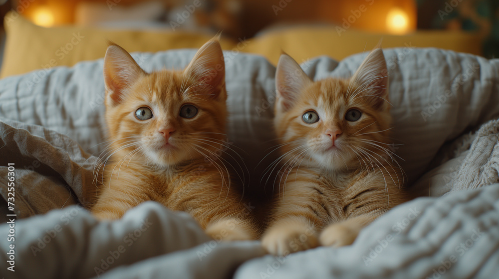 Two adorable domestic shorthaired cats snuggling comfortably in a cozy setting