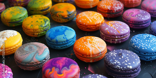 Unique painted macarons in different tastes and colors orange, blue green, marble pattern