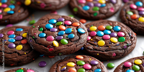Dark chocolate cookies with funfetty colorful sugar candy topping