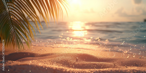 Beach sand and palm tree sunset background, Summer travel holiday vacation concept