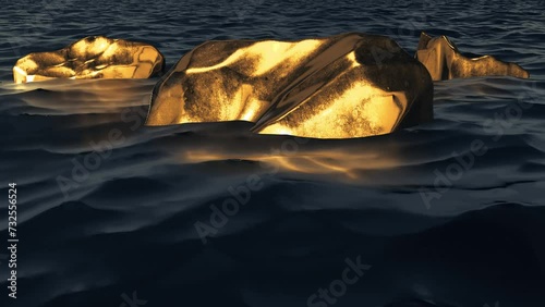 Golden stones in black liquid or oil, abstract background with golden boulders, golden mountains, oil sea, black sea with golden mountain peaks. Gold nuggets. Oil and gold business concept photo