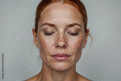 Portrait of middle aged caucasian woman of 40s with closed eyes and freckles