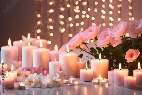 pink flowers with candles and cozy romantic background with fairy lights