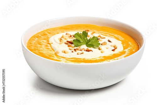 Carrot soup closeup isolated on white background