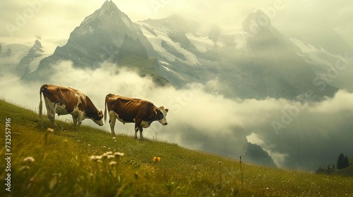 
Cows on a mountain pasture. Misty morning view of Bernese Oberland Alps, Grindelwald village location, Switzerland.  photo