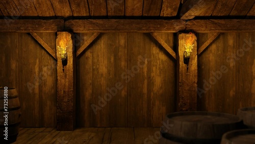 Wall in an old tavern. Torches burn and illuminate the space. 3D animation.
